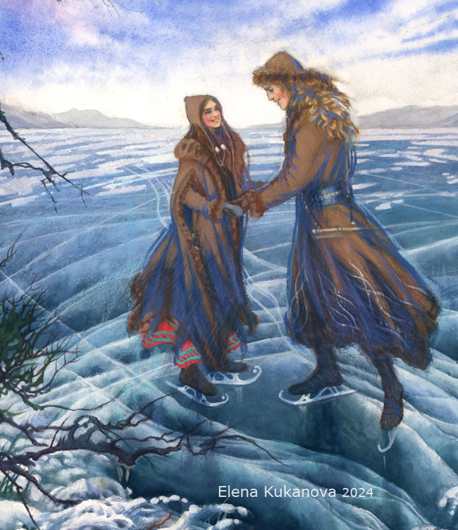 Post #12133565 - My, Traditional art, Illustrations, Tolkien's Legendarium, Graphics, Fantasy, Winter, Skates, Watercolor, Artist, Elves, Ice, Story