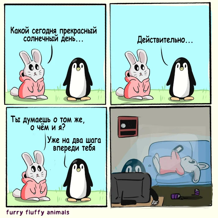 Post #12131554 - My, Comics, Translation, Hare, Penguins, The sun, Computer, Telephone