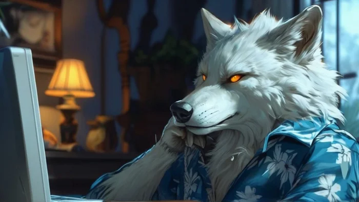 Фурри арт от Wolfmks #352 Playing left 4 dead 2 with terminator - Моё, Арты нейросетей, Фурри, Furry Art, Furry wolf, Картинка с текстом, Длиннопост