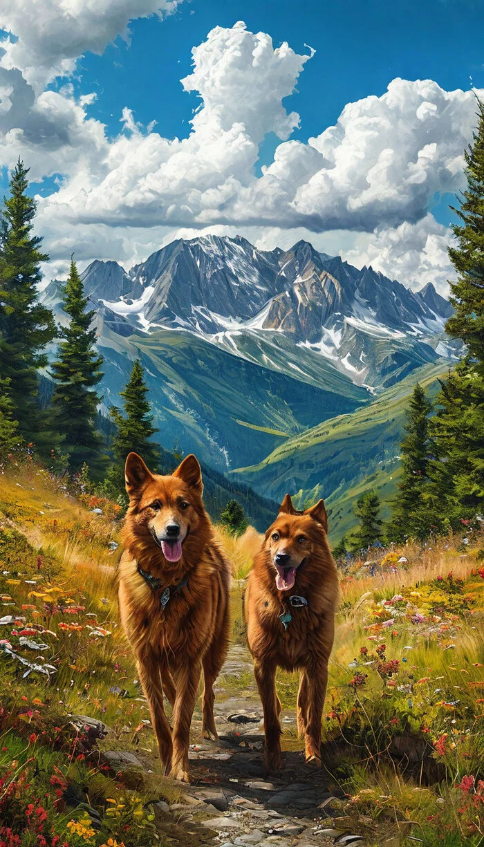 Post #12132365 - Neural network art, Dog, The mountains, Clouds, Sky