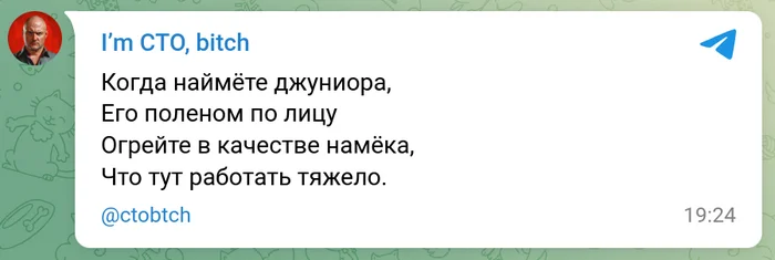 Работать тяжело - I`m CTO bitch, Юмор, Стихи, Грубость, Джун, Найм, Эффективный менеджер, IT юмор, Скриншот, Современная поэзия, Telegram (ссылка)