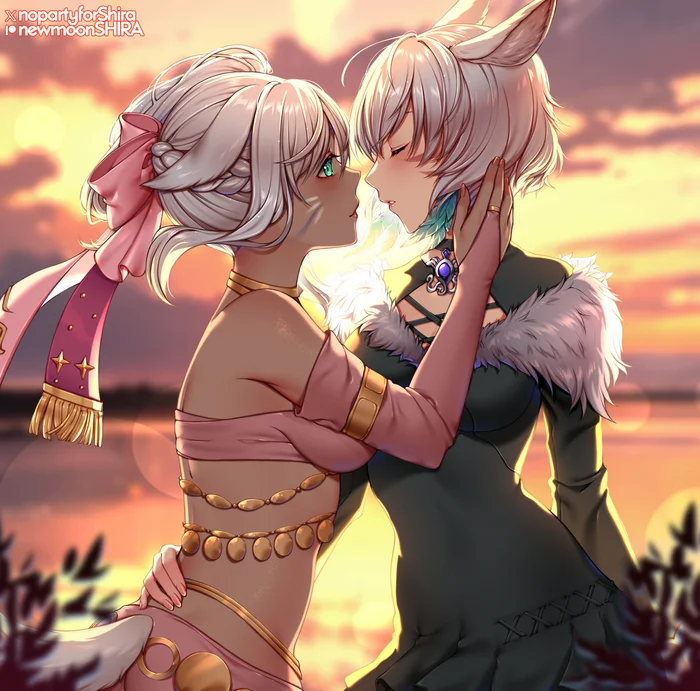 Aspio and Y'shtola - Anime art, Anime, Final fantasy xiv, Original character, Yshtola, Miqote, Animal ears, Hugs, Yuri