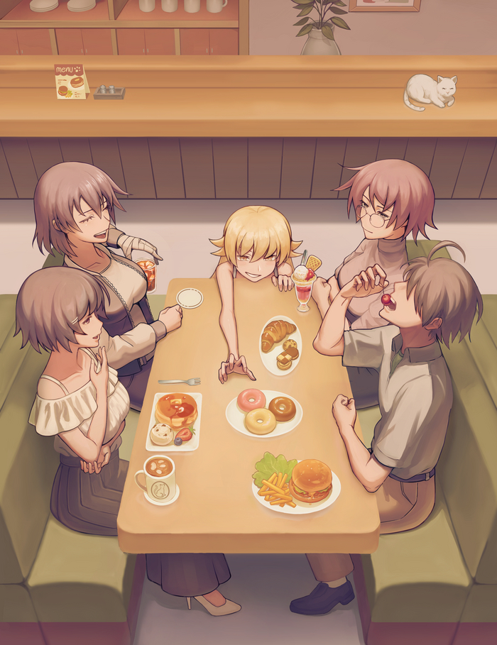    Monogatari series, Bakemonogatari, Shinobu Oshino, Hanekawa Tsubasa, Araragi Koyomi, Hitagi Senjougahara, Kanbaru Suruga, Anime Art, , , 