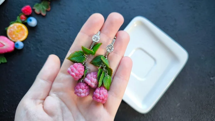 Earrings with raspberries - My, Needlework without process, Polymer clay, Earrings, Лепка