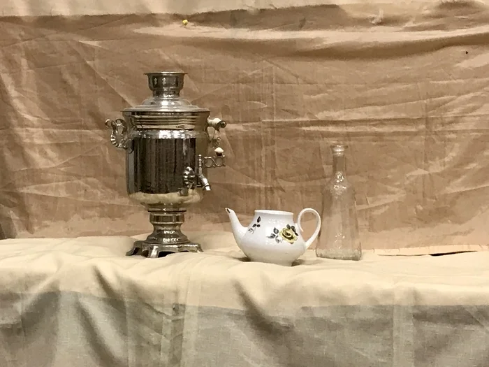 The Shine of the Samovar - My, Beginner artist, Graphics, Still life, Coal, chalk, Watercolor, Longpost, The photo, Vertical video, Video, Soundless