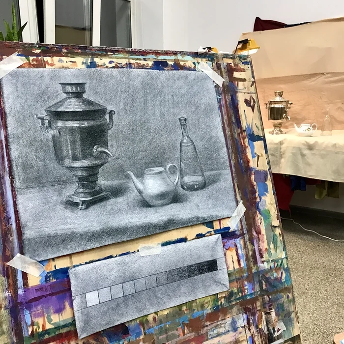 The Shine of the Samovar - My, Beginner artist, Graphics, Still life, Coal, chalk, Watercolor, Longpost, The photo, Vertical video, Video, Soundless