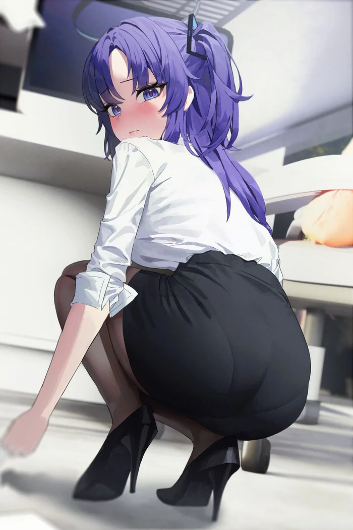 Hayase Yuuka #028 - Anime, Anime art, Blue archive, Girls, Office, Long hair, High heels, Skirt, Embarrassment, Tights, Nimbus, Back view, Blouse, Hayase Yuuka, Damcheong