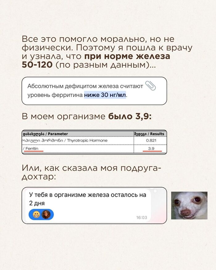 Все это помогло морально, но не физически. Поэтому пошла к врачу и узнала, что при норме железа 50-120, в моем организме было 3,9. Или, как сказала моя подруга-доктор: «У тебя железа в организме на два дня осталось».