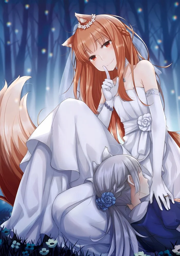 Тише, она чутка задремала - Anime Art, Аниме, Holo, Myuri, Spice and wolf, Wolf and Parchment, Animal Ears, Свадебное платье