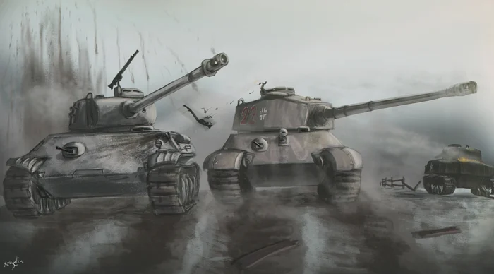 Post #12138590 - My, Tanks, Tiger II, Pantera, Sherman, The Second World War, Western Front, Winter, Germany, USA, US Army, Art, Digital drawing