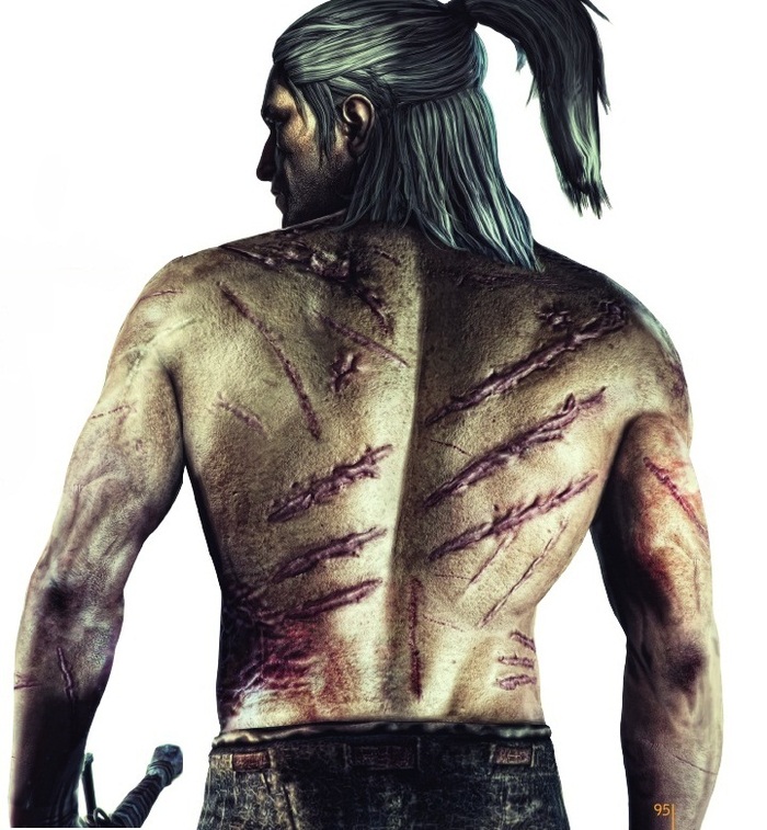 Вот здесь четко показаны шрамы Геральта.