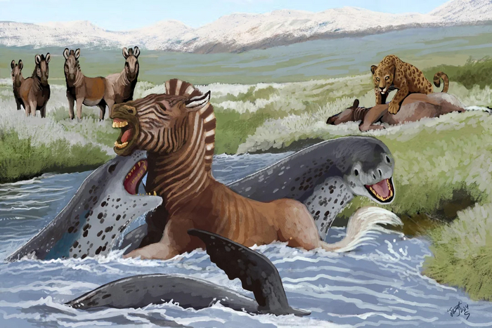 Морские леопарды атакуют кваггу у берегов плейстоценовой южной африки. Арт Хидари Нвнду