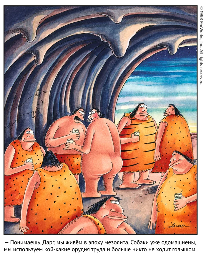 New times… - My, The Far Side, Translated by myself, Comics, Caveman, Cloth, Naked