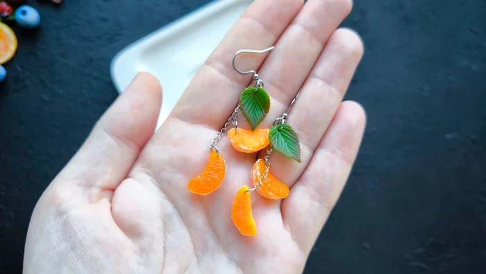 Earrings with mandarin slices - My, Needlework without process, Polymer clay, Лепка, Earrings, Longpost