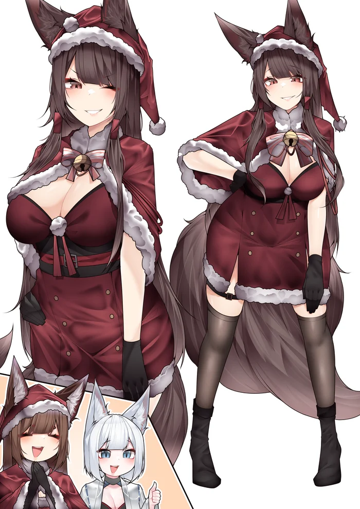 Festive Akagi - Samip, Art, Anime, Anime art, Azur lane, Animal ears, Tail, Kitsune, Amagi, Kaga, Akagi