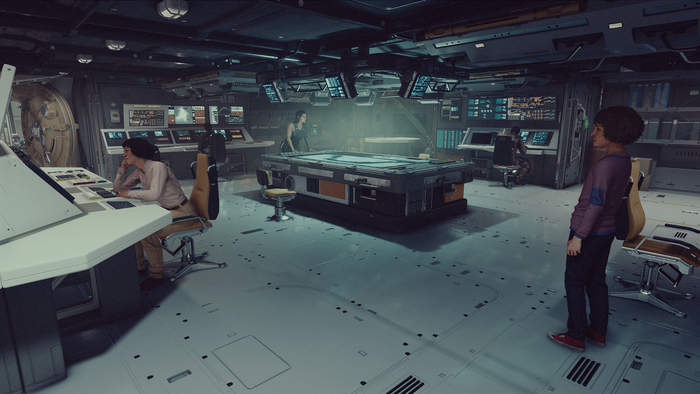 Боевая станция, из неё можно подняться в хабы ведущие в рубку, или зайти в каюту капитана или же в жилую комнату для отдыха