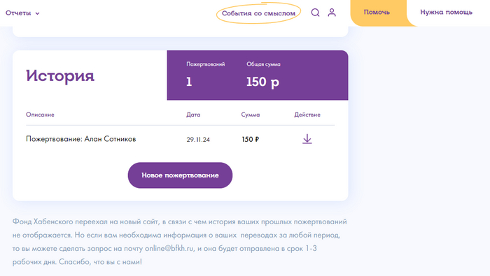 Скриншот с личного кабинета сайта фонда Хабенского