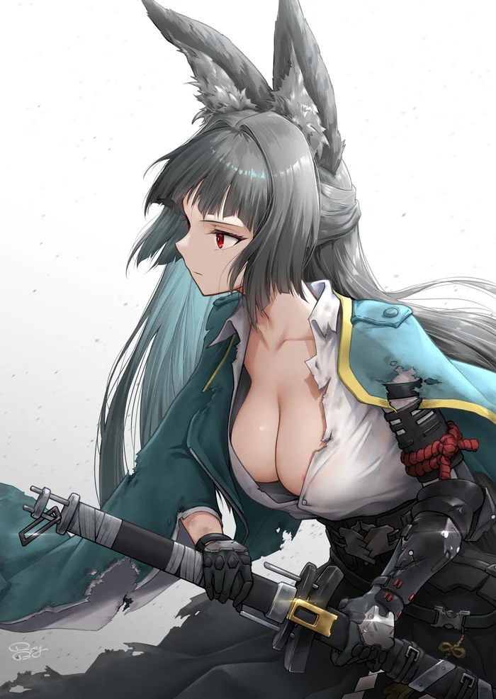 Hoshimi Miyabi #003 - Anime, Anime art, Zenless Zone Zero, Hoshimi Miyabi (zzz), Girls, Animal ears, Neckline, Jacket, Sword, Blouse, Long hair, Sideboob