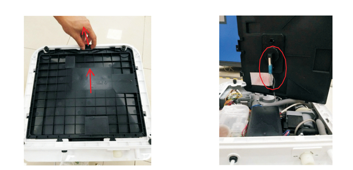 Снятие нижней крышки. На фото слева датчик протечки. Фото из сервисной инструкции.