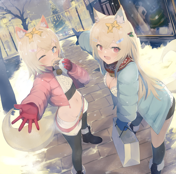 Merry Christmas! , Anime Art, Virtual YouTuber, Fuwawa Abyssgard, Mococo Abyssgard, Hololive, Animal Ears