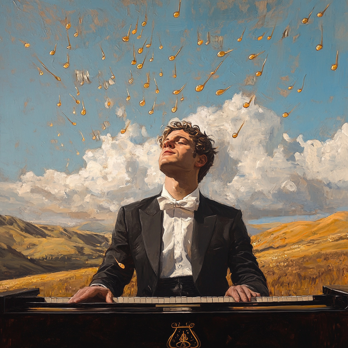 Хобби из карты желаний — подарка другу на новый год 2025: музыкальная композиция в виде ярких нот, летящих в небе.