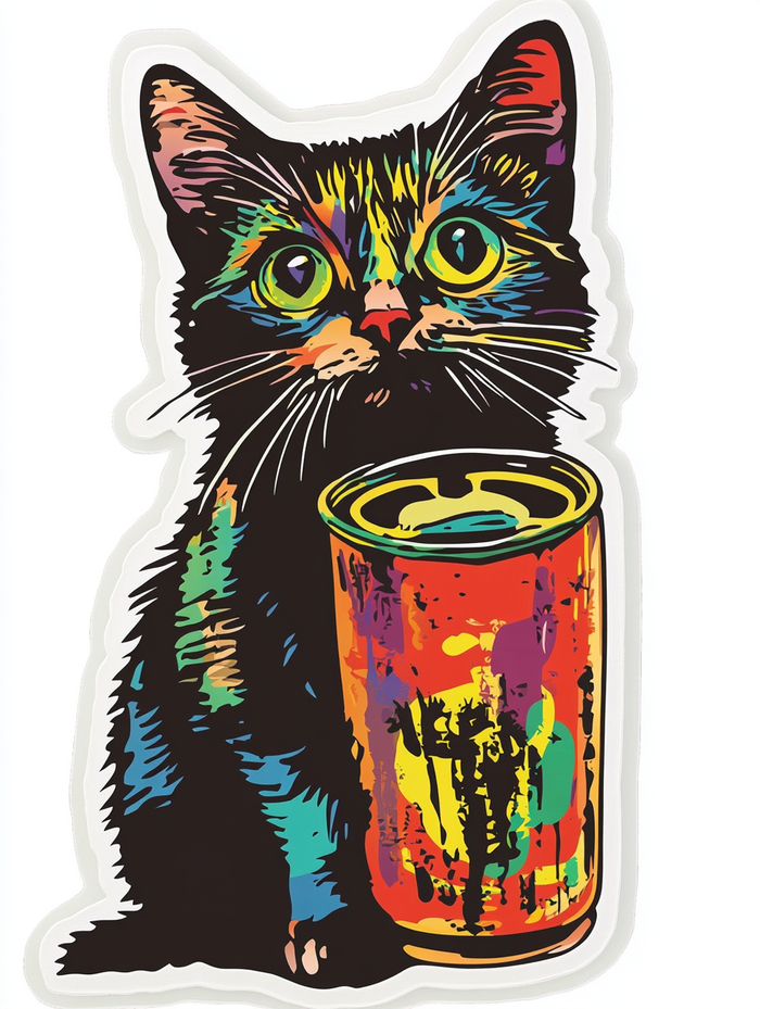 cut sticker colored cat with can of soup Andy Warhol --ar 3:4 --v 6.1