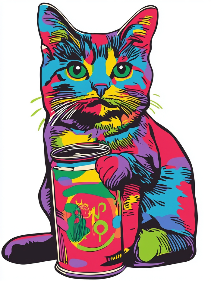 cut sticker colored cat with can of soup Andy Warhol --ar 3:4 --stylize 50 --v 6.1