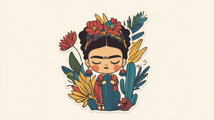 cut sticker by Frida Kahlo --ar 16:9 --profile klledyu --stylize 50 --v 6.1