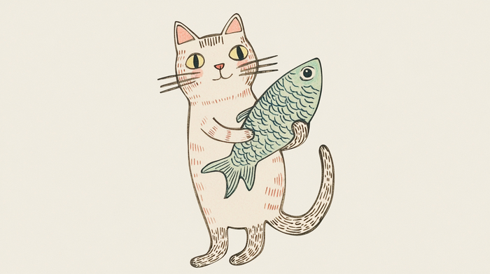 cut sticker by Marc Johns, depicting the cat holding the fish, a solid background --v 6.1