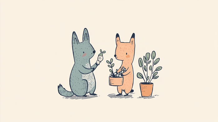 Marc Johns's a whimsical cut sticker depicting two animals engaging in human activities, with a muted color palette and simple, clean lines, solid background --v 6.0