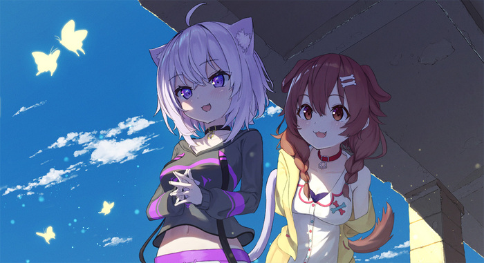 Koro-san & Okayun Hololive, Virtual YouTuber, Inugami Korone, Nekomata Okayu, Animal Ears, Anime Art, 