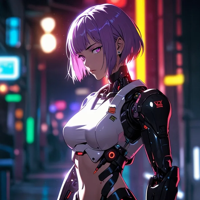 Yandex Alice in Cyberpunk - My, Cyberpunk, Neural network art, Нейронные сети, Yandex Alice, Girls, Purple hair, Cyborgs, Robot, Anime, Longpost