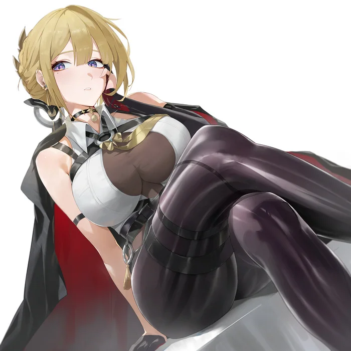 Evelyn Chevalier #002 - Anime, Anime art, Zenless Zone Zero, Evelyn Chevalier (zzz), Girls, Is sitting, Blouse, White background, Choker, Gloves, Birthmarks, Trousers, Blonde