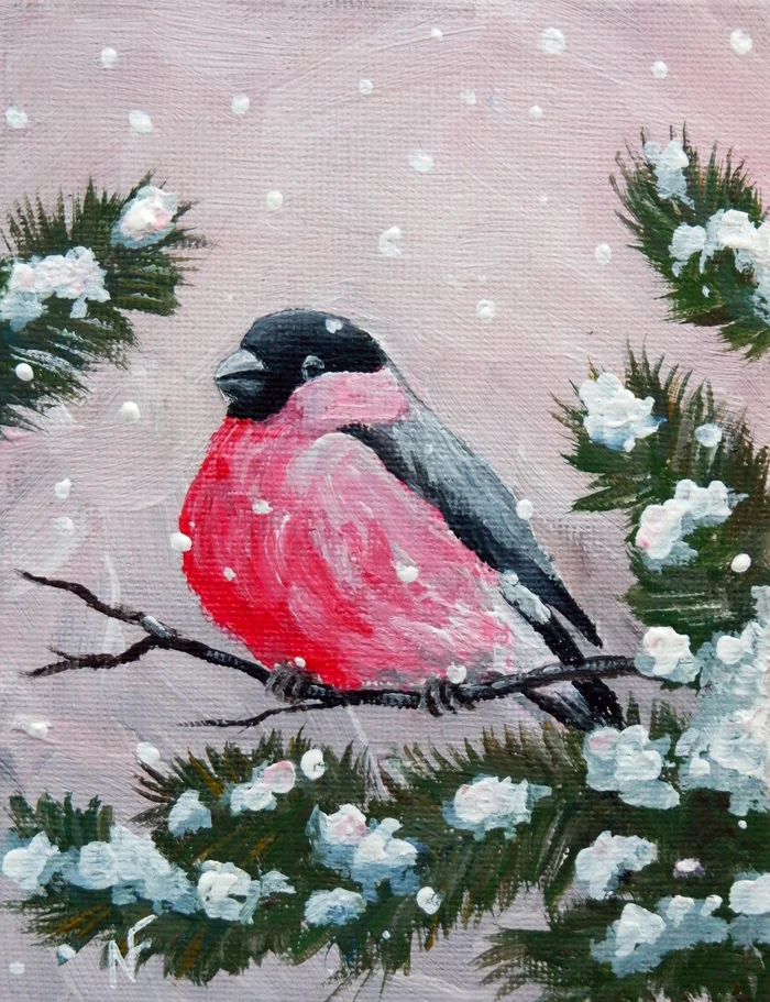 Bullfinch - My, Traditional art, Artist, Modern Art, Painting, Canvas, Acrylic, Birds, Bullfinches, Winter, Painting, Author's painting, Friday tag is mine, Longpost