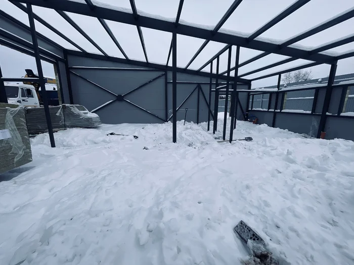 Construction of a car service garage 12x60x4.5m (from design to construction, sequence of works..) - My, Building, Home construction, Garage, Metal structures, Longpost, Builders, Heating, Installation of heating systems, Video, Vertical video