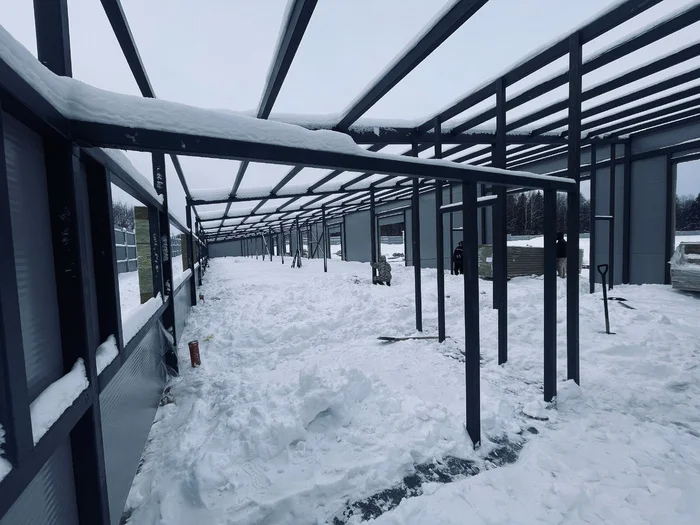 Construction of a car service garage 12x60x4.5m (from design to construction, sequence of works..) - My, Building, Home construction, Garage, Metal structures, Longpost, Builders, Heating, Installation of heating systems, Video, Vertical video