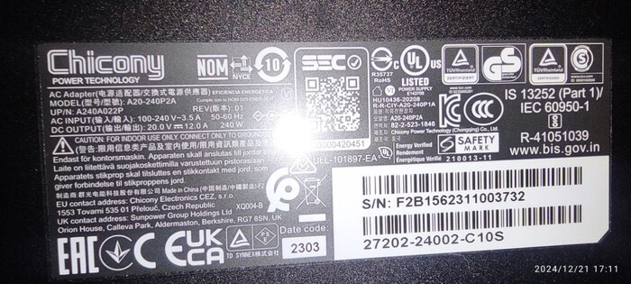 chicony model A20-240P2A UP/N a240a022p