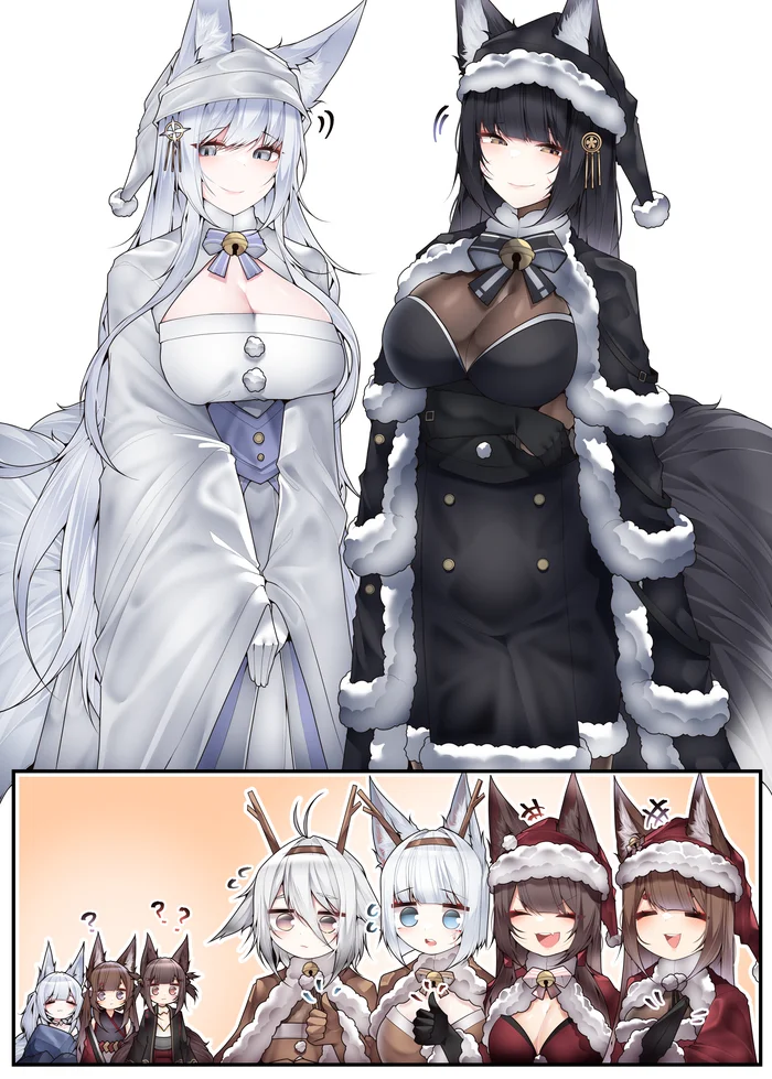 Festive Shinano and Musashi - Samip, Art, Anime, Anime art, Azur lane, Animal ears, Tail, Kitsune, Amagi, Kaga, Akagi, Tosa, Shinano, Musashi