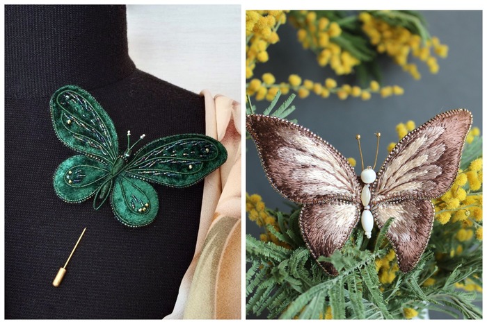 Две брошки по одному эскизу. Одна - из антикварного бархата, другая - вышита нитками мулине