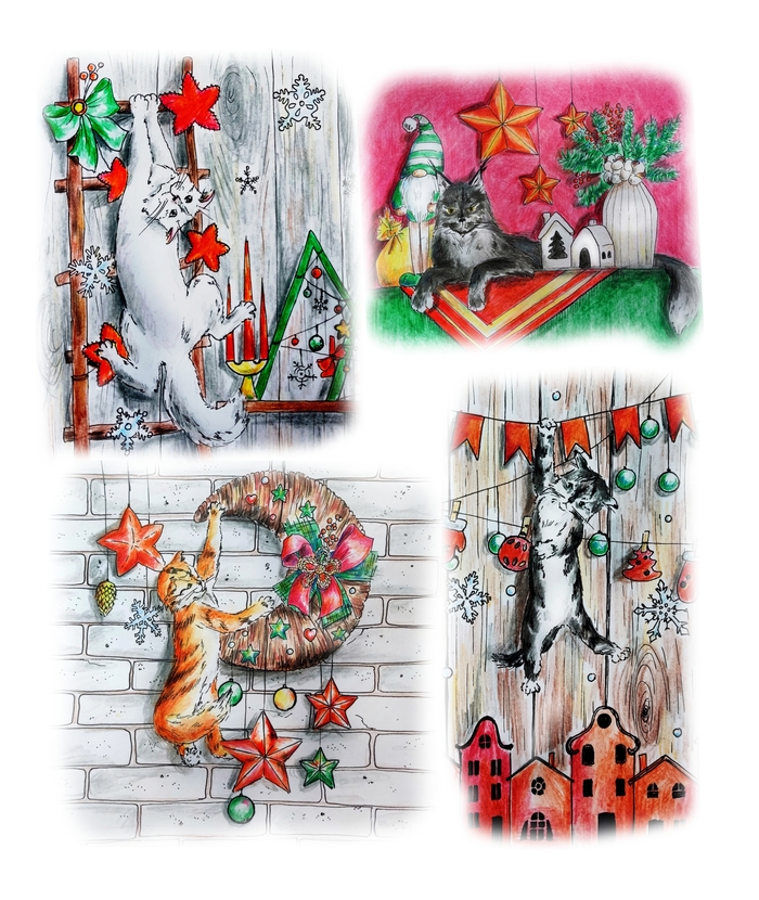 Продолжение поста «Кото-ёлочка» Арт, Рисунок карандашом, Кот, Новогодняя елка, Новогоднее оформление, Иллюстрации, Ответ на пост