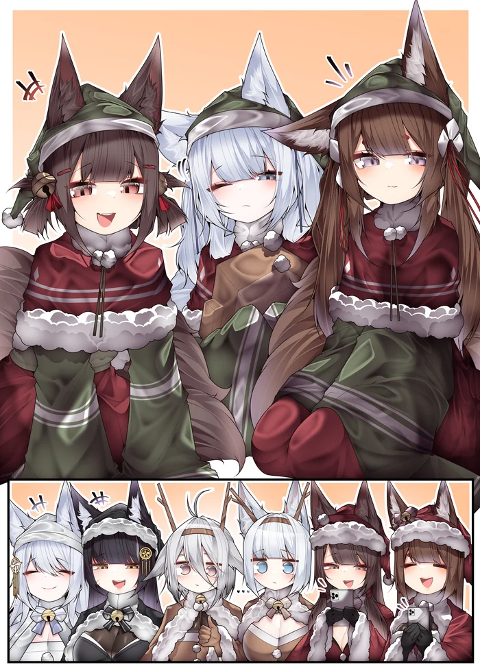 Festive babies! - Samip, Art, Anime, Anime art, Azur lane, Animal ears, Tail, Kitsune, Amagi, Kaga, Akagi, Tosa, Shinano, Musashi, Girl with Horns