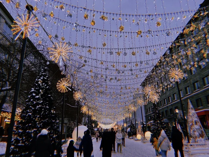 Lenin Street - Novosibirsk, Red Avenue, Novosibirsk region, New Year, Pedestrian zone, Mobile photography, The photo, City walk, New Year's decoration