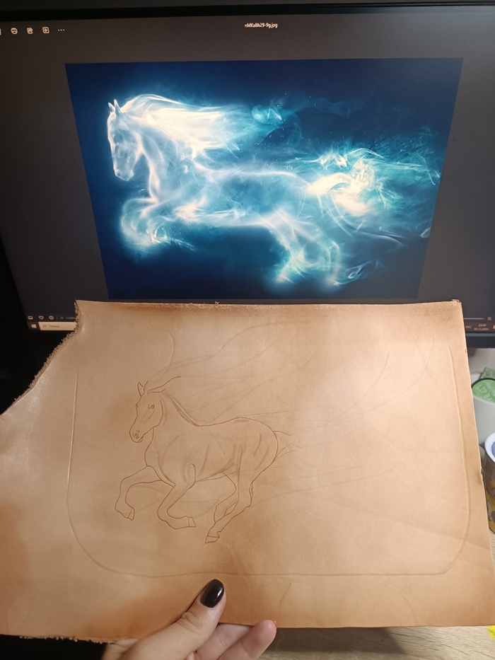 Перенос изображения на кожу, контура четкими линиями, объем широкими