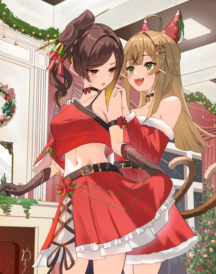 Chiori & Kirara Anime Art, , Genshin Impact, Chiori (Genshin Impact), Kirara (Genshin Impact), Santa costume, , 