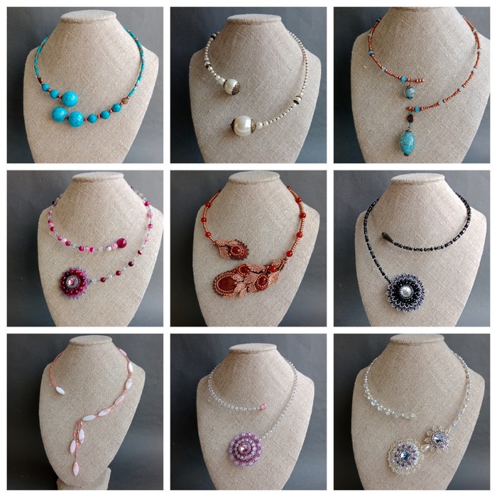 Официальное название конструкции - "незамкнутое колье", но у меня она называется проще - "обнимашки") Проволока с памятью (держит форму), сваровски, бисер, бусины. Центральное колье - с сердоликами