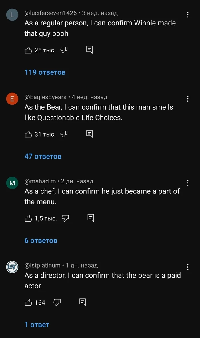 An unusual YouTube video and even more unusual comments on it - Picture with text, Youtube, Comments, Humor, The Bears, Darwin Prize, Video, Longpost