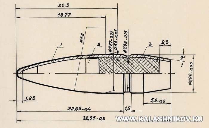 Пуля патрона 1ЖИ имеет два сердечника: передний из стали А-12, массой 2,4 г, и задний – свинцовый, массой 4,8 г. Общий вес пули – 9,6-9,9 г. Он близок к весу штатной пули со стальным сердечником (9,45-9,75 г)