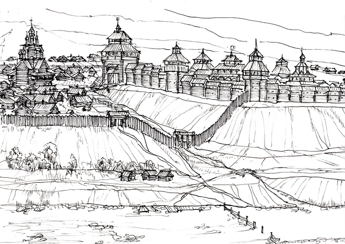 Таруса в 13 веке (рисунок-реконструкция архитектора Андрея Шишкова)