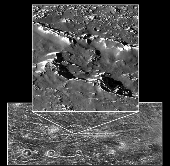 На снимке космического аппарата NASA "Галилео" от 4 ноября 1996 года видна цепочка ударных кратеров, образовавшаяся при падении фрагментированного объекта / © NASA/JPL/ASU