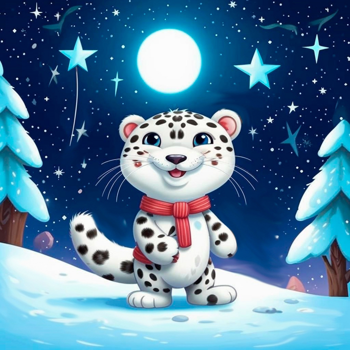 Получится отредактированное изображение, где у барса не будет лишних лап и хвостов. Мультяшный маленький барс несет елку, среди снега, а сверху звезда на синем ночном небе.